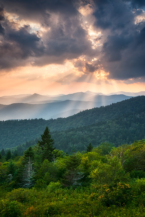 Blue Ridge Mountains Light Rays Summer Scenic Landscape Vertical Print