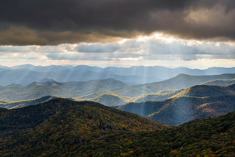 Blue Ridge Parkway Autumn Light Rays Over Scenic Asheville Mountains Art Print