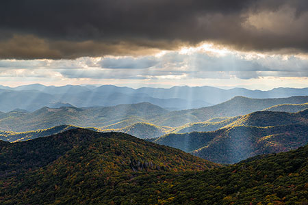 Blue Ridge Parkway Autumn Light Rays Over Scenic Asheville Mountains